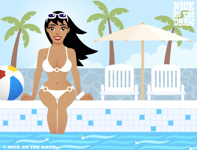 Bikini girl sat by the pool